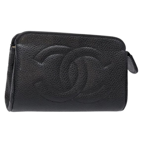 CHANEL Pouch Grained Calf Skin Black Gold CC - Picture 1 of 16